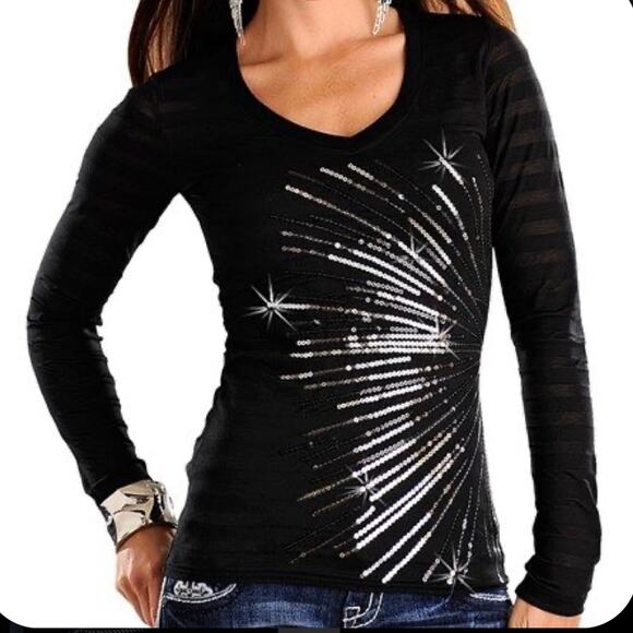 Rock & Roll Cowgirl brand Womens Panhandle Slim Sequin Semi Sheer Concert Tee M - Picture 1 of 7
